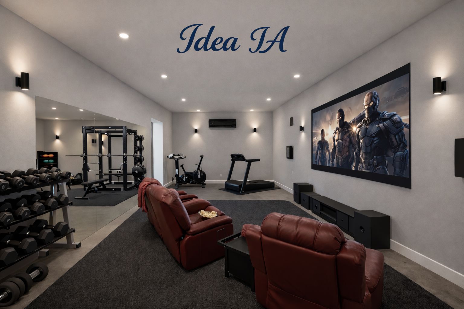 Espace polyvalent alliant home cinéma avec fauteuils en cuir et salle de sport équipée, doté d'un éclairage moderne et d'une climatisation réversible.