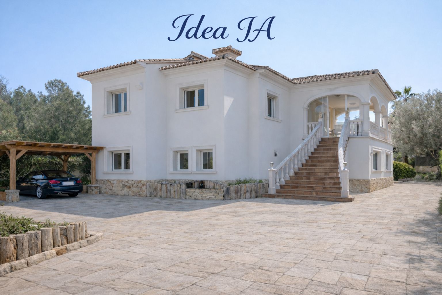 Façade principale de la villa avec escalier extérieur menant à une terrasse vitrée, et vaste parking pavé incluant un abri de voiture en bois.