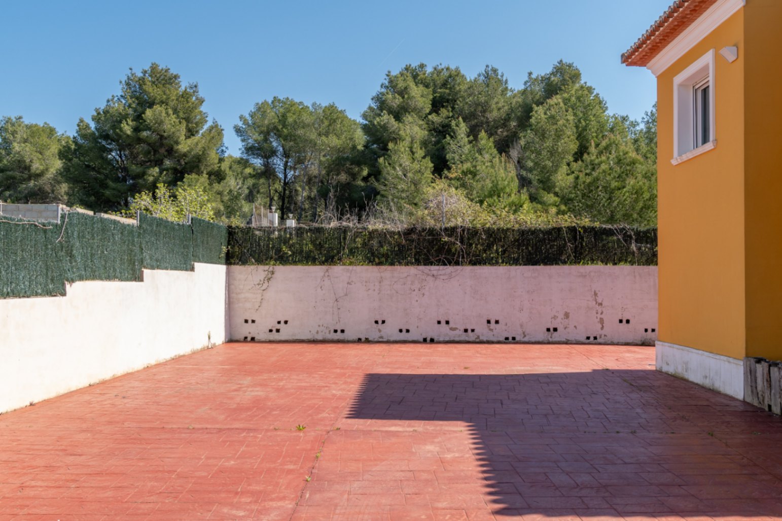 Grande terrasse extérieure en béton imprimé rouge, entourée de murs de clôture et bordée par une forêt de pins dense sous un ciel dégagé.
