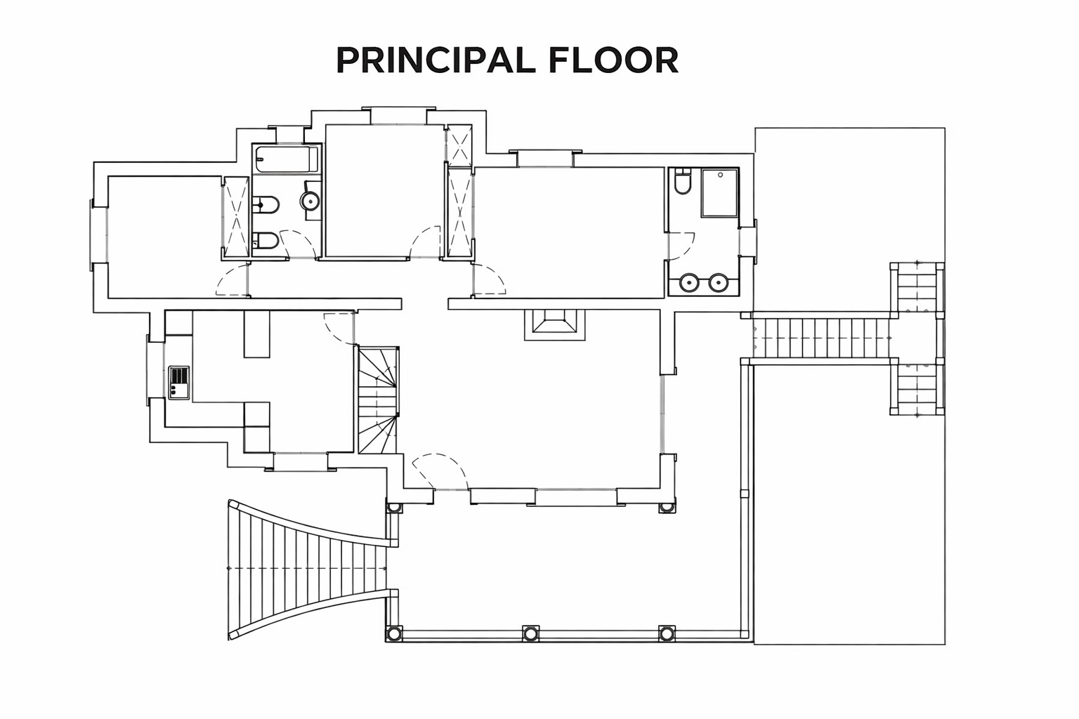 Plan architectural détaillé du rez-de-chaussée, illustrant la disposition du salon avec cheminée, de la cuisine, des chambres et de la terrasse.