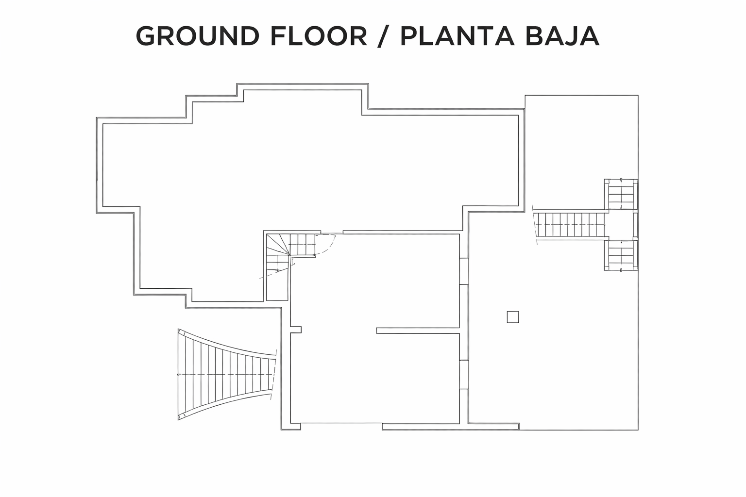 Plan technique du rez-de-chaussée détaillant la distribution architecturale, les cloisons intérieures et les différents accès par escalier.