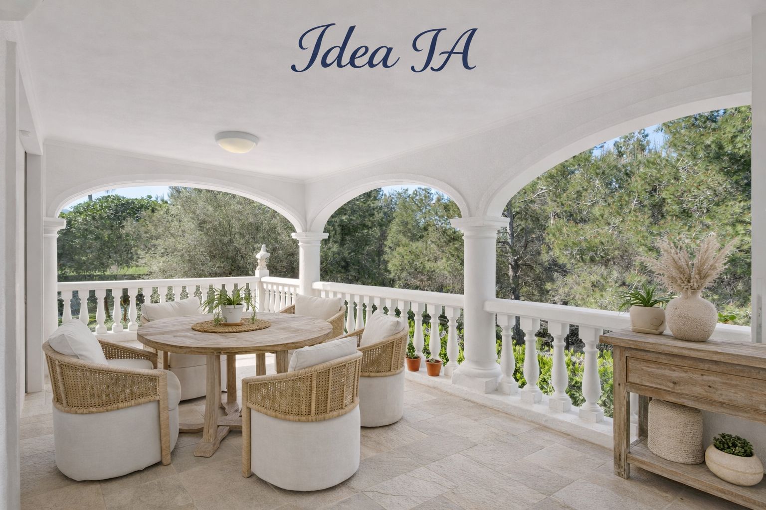 Terrasse couverte avec arches méditerranéennes, balustrade blanche et mobilier en bois, offrant une vue paisible sur la pinède environnante.