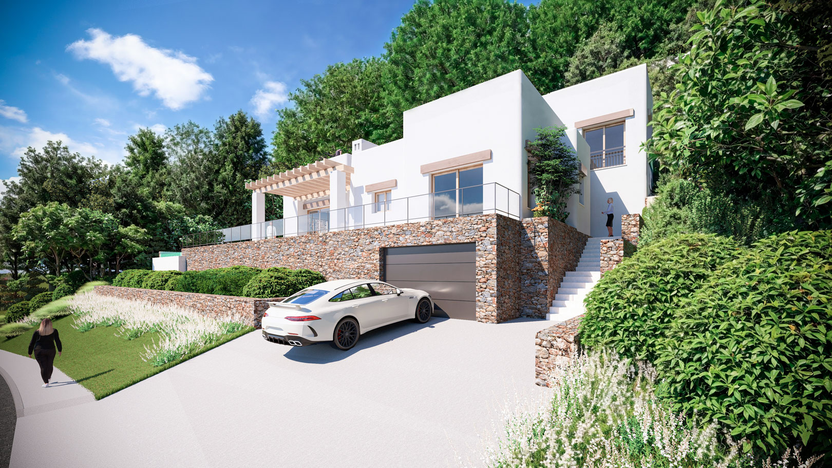 Façade extérieure de style ibizien avec murs en pierre naturelle, garage intégré et terrasse supérieure avec pergola en bois et garde-corps en verre.