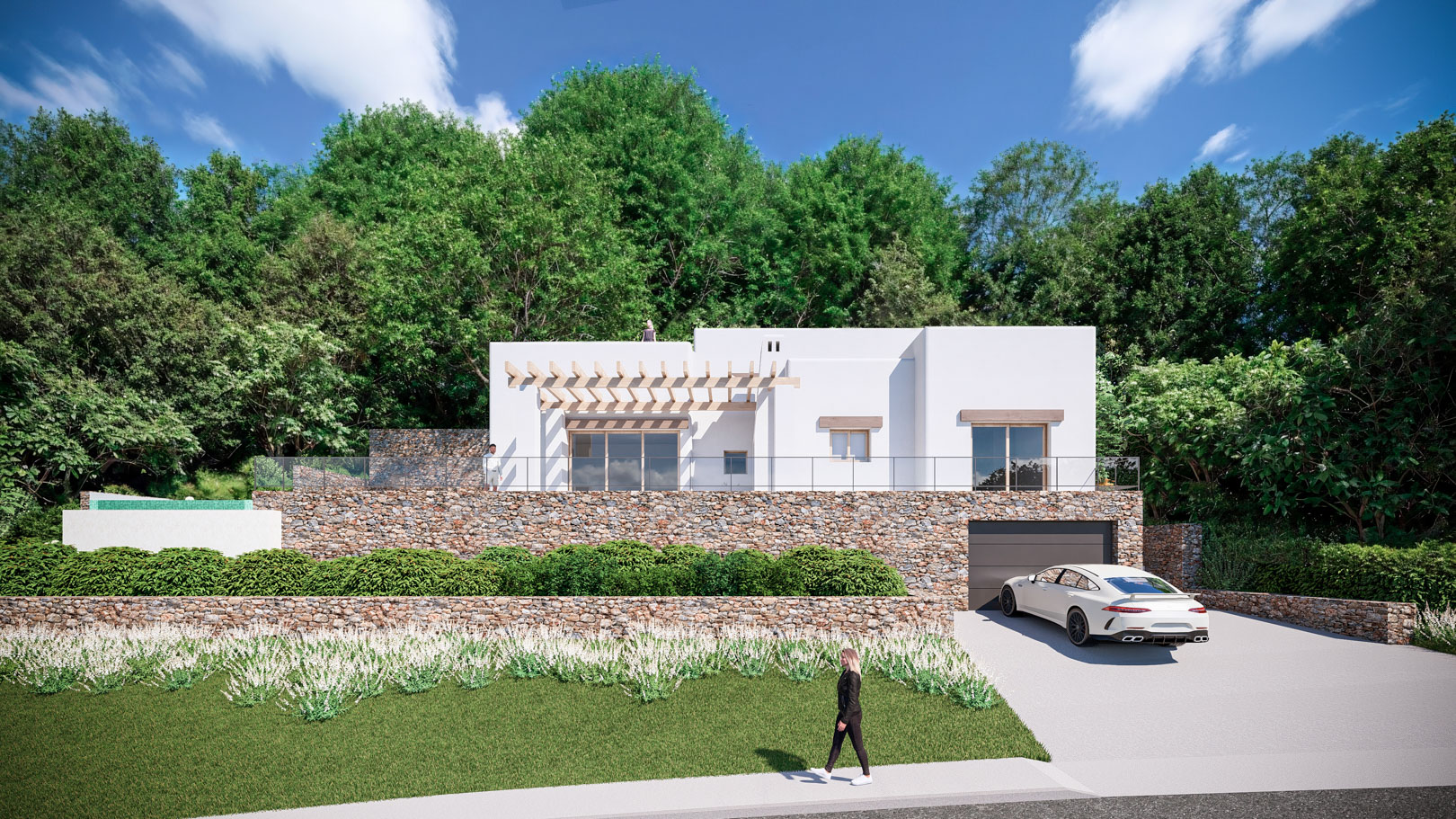 Façade extérieure de style ibizien avec murs en pierre naturelle, pergola en bois et grandes baies vitrées, entourée d'une forêt dense avec garage intégré et jardin.