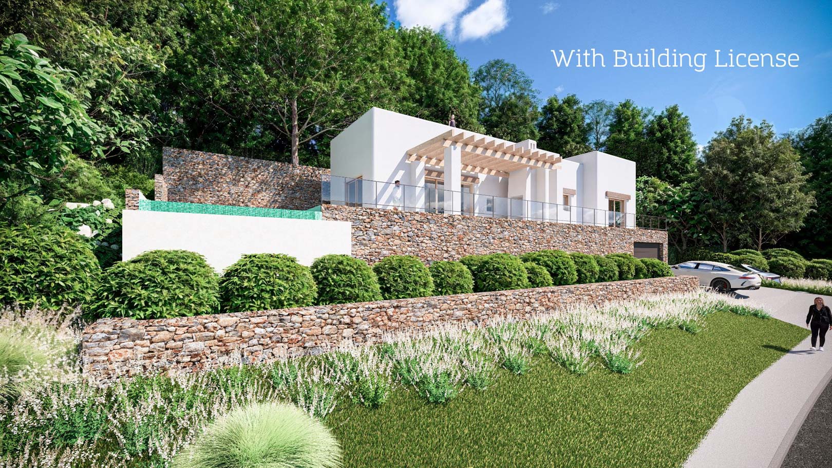 Façade extérieure de style ibizien avec murs en pierre naturelle, pergola en bois et piscine intégrée sur un terrain en pente entouré de verdure.