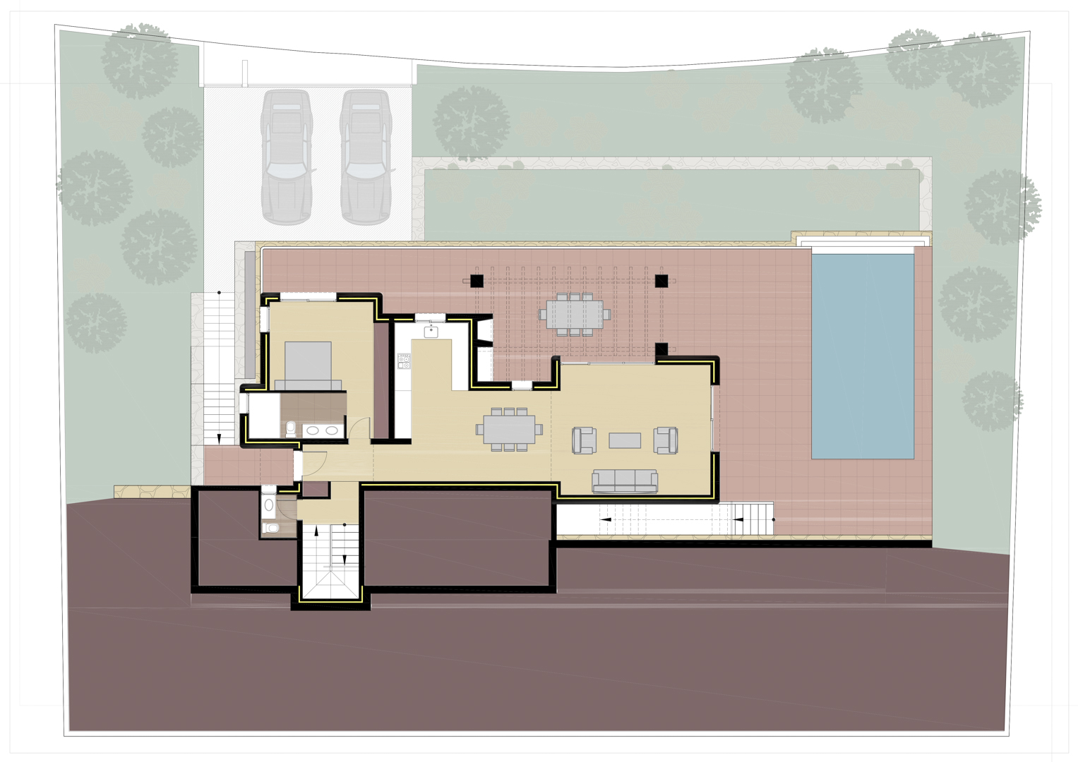 Plan d'architecte détaillé du niveau principal montrant l'espace de vie ouvert, la chambre avec salle de bain attenante et la vaste terrasse avec piscine.