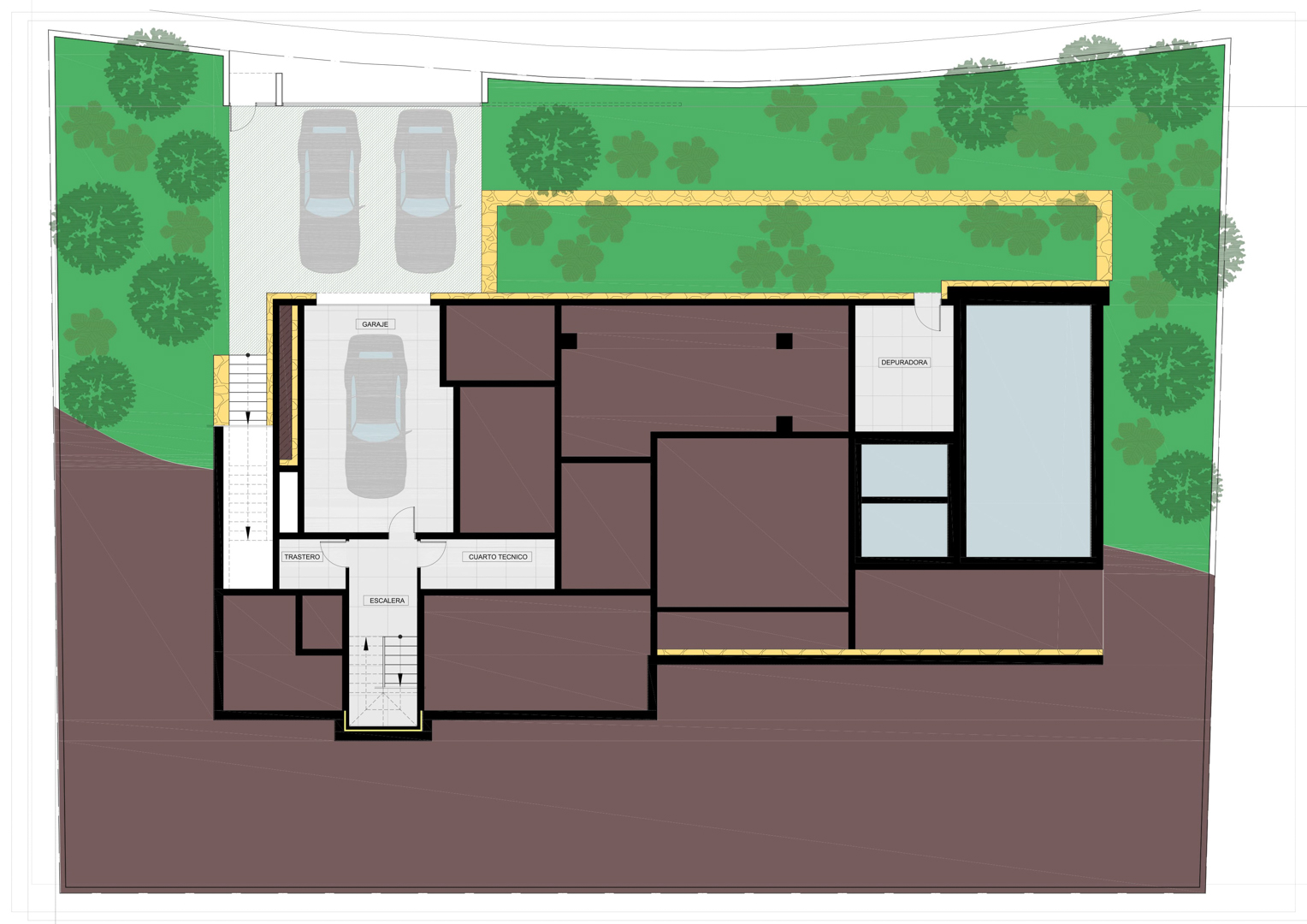 Plan technique du sous-sol illustrant le garage, le débarras, le local technique et la zone de filtration de la piscine entourée d'espaces verts.