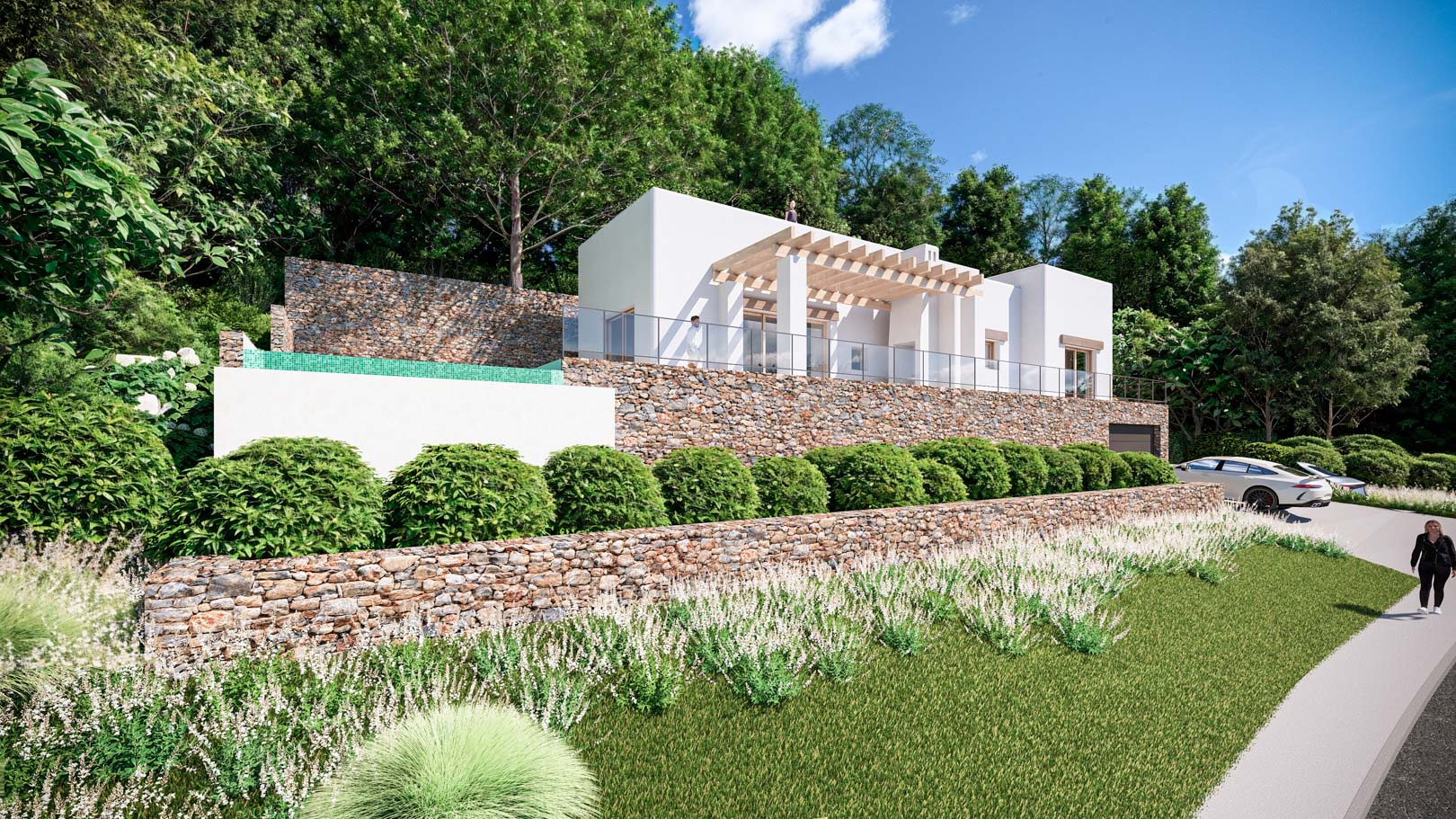 Vue extérieure avec murs en pierre naturelle, pergola en bois et piscine à débordement intégrée dans un jardin paysager en pente.
