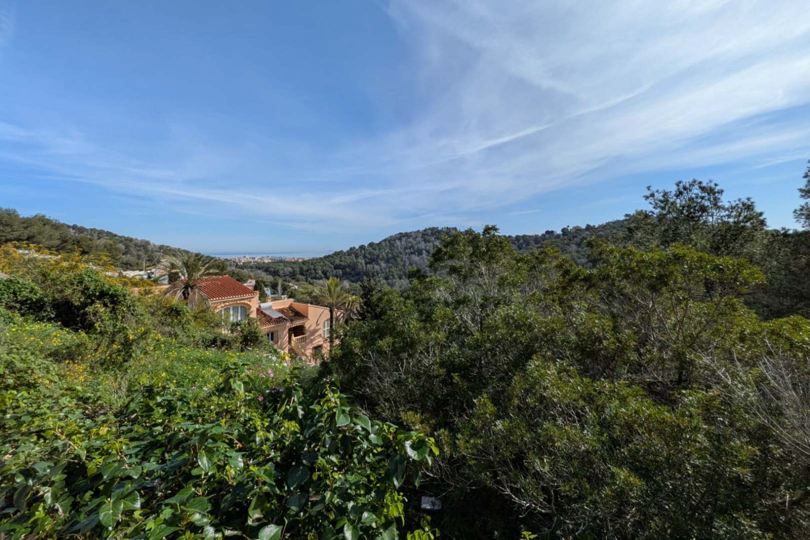 Vue panoramique depuis le terrain sur la mer Méditerranée et les collines boisées, entourée d'une végétation locale dense et de villas aux toits de tuiles.