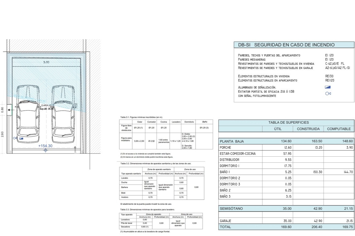 Plan technique détaillé présentant l'aménagement du garage double et le tableau des surfaces avec les dimensions précises de chaque pièce de la villa.