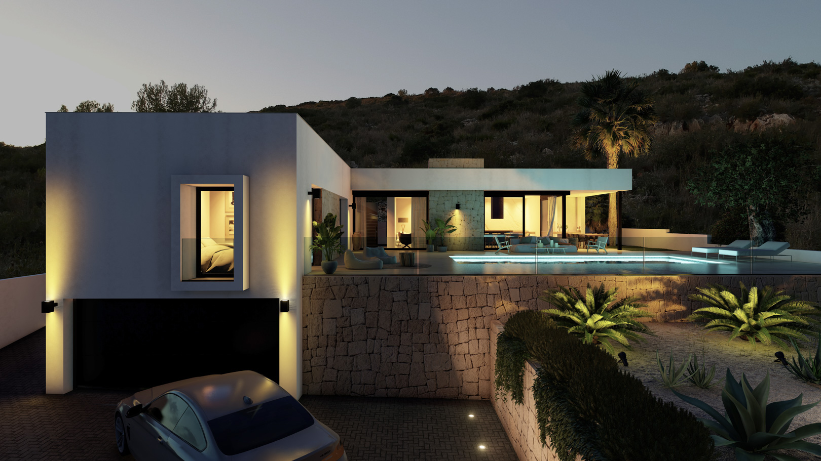 Vue extérieure d'une villa moderne au crépuscule avec piscine à débordement, murs en pierre et garage. L'éclairage intégré souligne l'architecture et le jardin paysager.