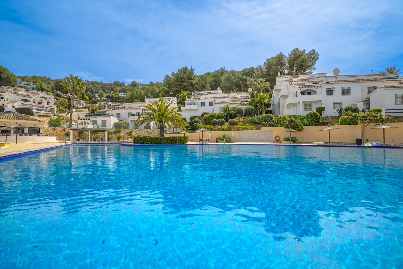 Grande piscine communautaire avec revêtement en mosaïque bleue, entourée d'espaces verts et de bâtiments blancs typiques de la Costa Blanca.