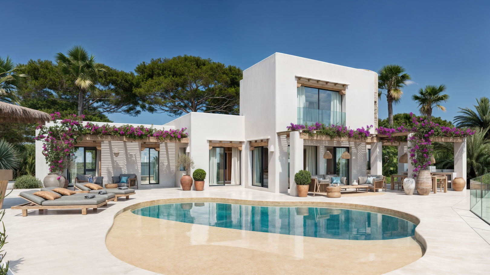 Extérieur de la villa de style ibizane avec piscine organique, pergolas en bois ornées de bougainvilliers et terrasses en pierre entourées de pins et de palmiers.