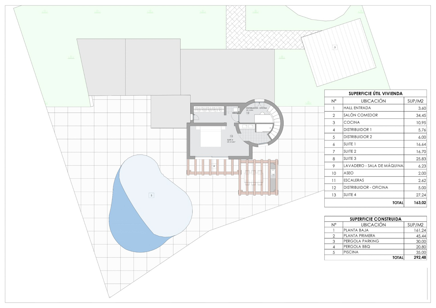 Plan technique détaillant l'étage supérieur avec la suite 4, la zone de la piscine de 35m² et le tableau des surfaces utiles et construites.