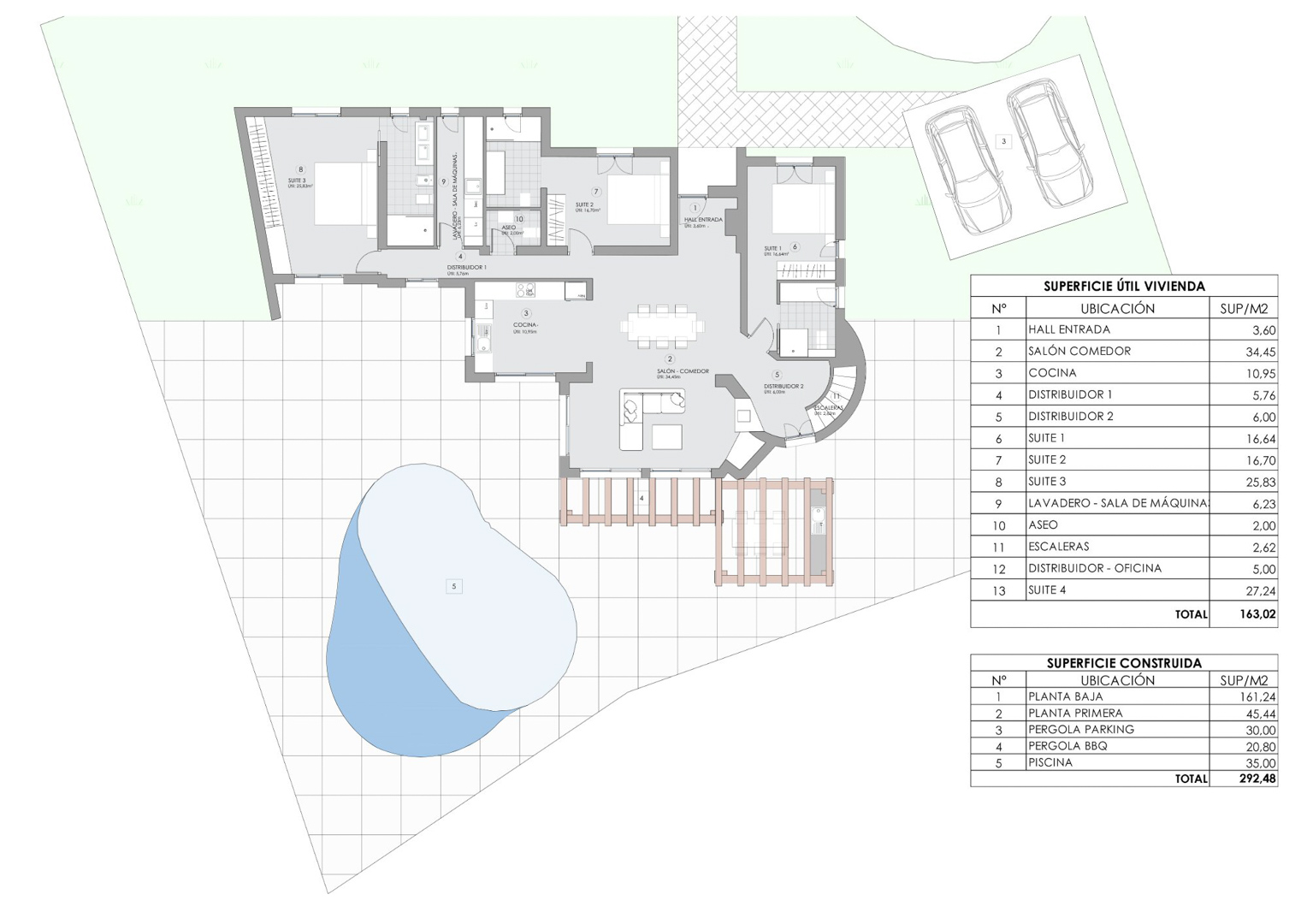 Plan technique du rez-de-chaussée détaillant trois suites, le salon-salle à manger, la cuisine et l'espace extérieur avec piscine de 35 m2 et pergola de parking.