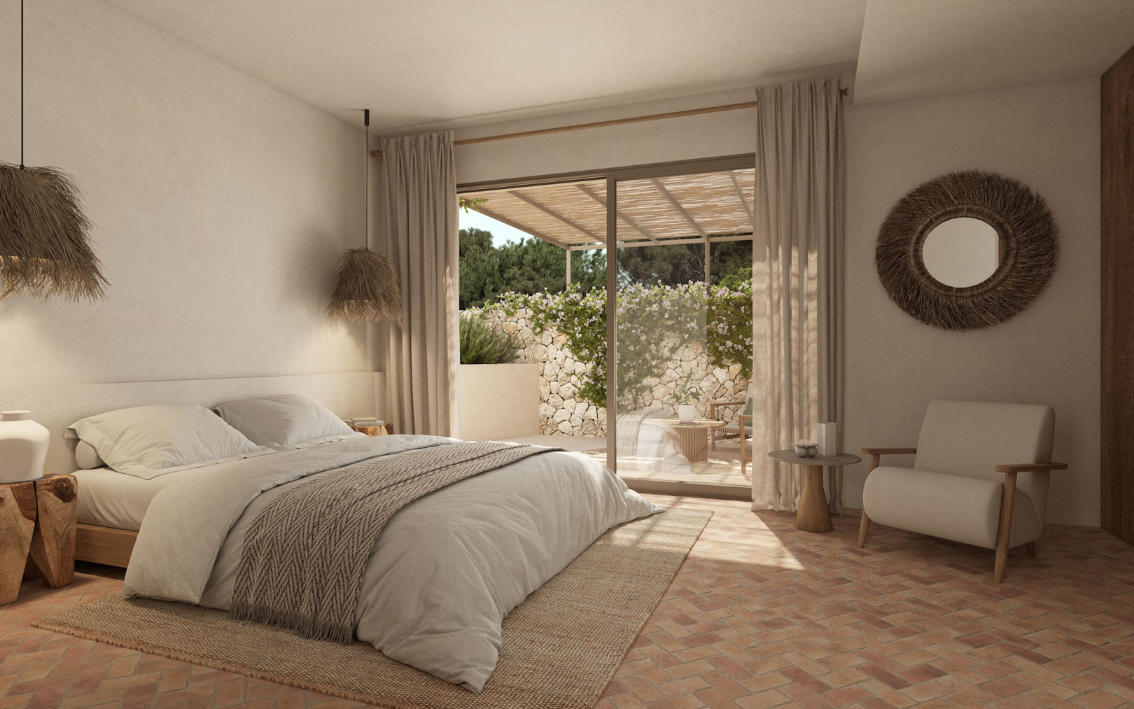 Chambre méditerranéenne avec sol en terre cuite, suspensions en fibres naturelles et baie vitrée ouvrant sur une terrasse privée avec pergola et murs en pierre.