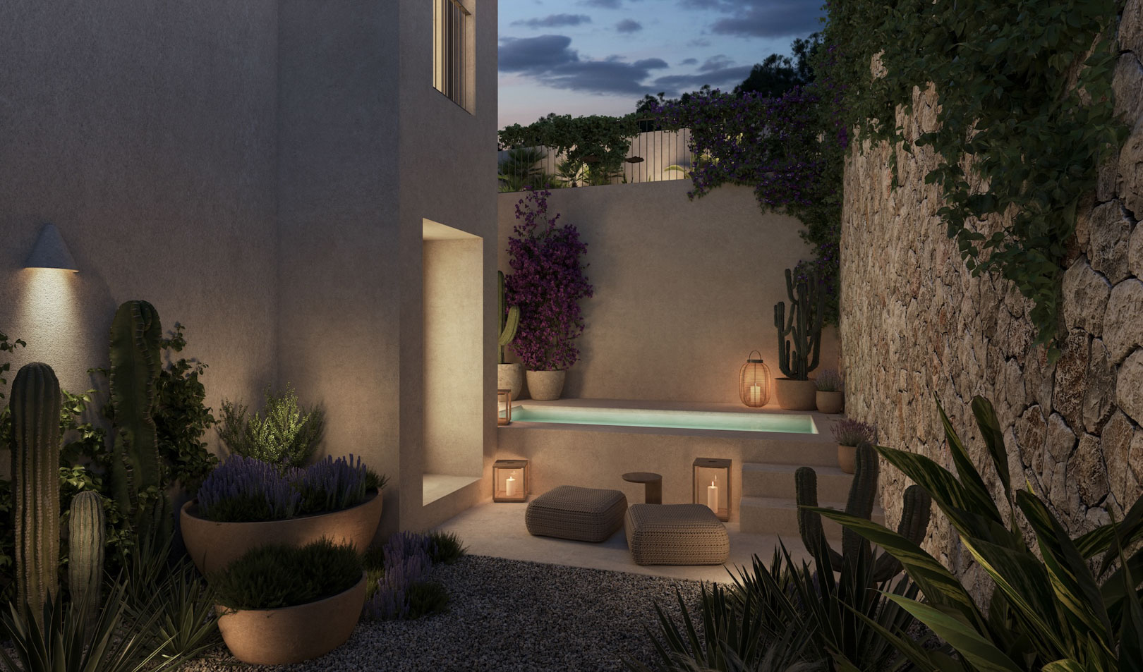 Espace bien-être extérieur avec bassin de relaxation, murs en pierre naturelle et jardin méditerranéen éclairé par des lanternes et des spots intégrés.