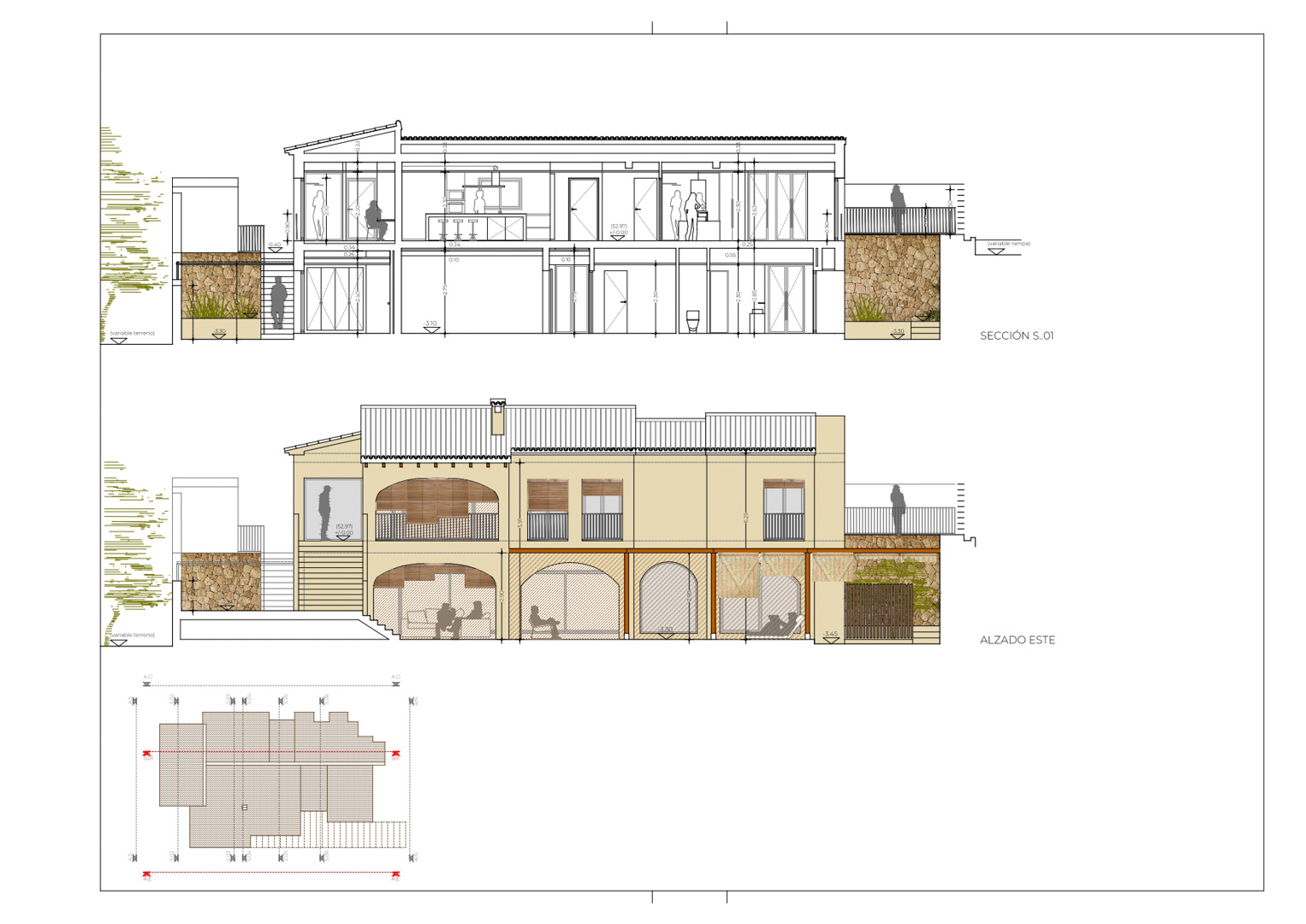 Plan technique présentant la coupe transversale et l'élévation est de la villa, illustrant la distribution sur deux niveaux avec des arches et des murs en pierre.