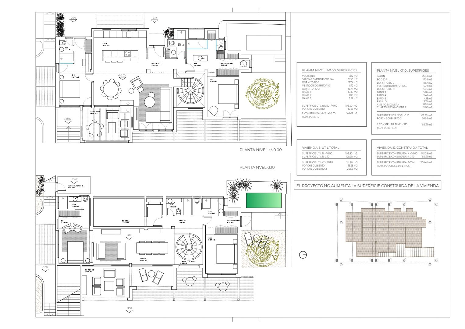 Plans d'architecte détaillés montrant la distribution sur deux niveaux, avec espaces de vie ouverts, chambres en suite, escalier en colimaçon et terrasses extérieures.