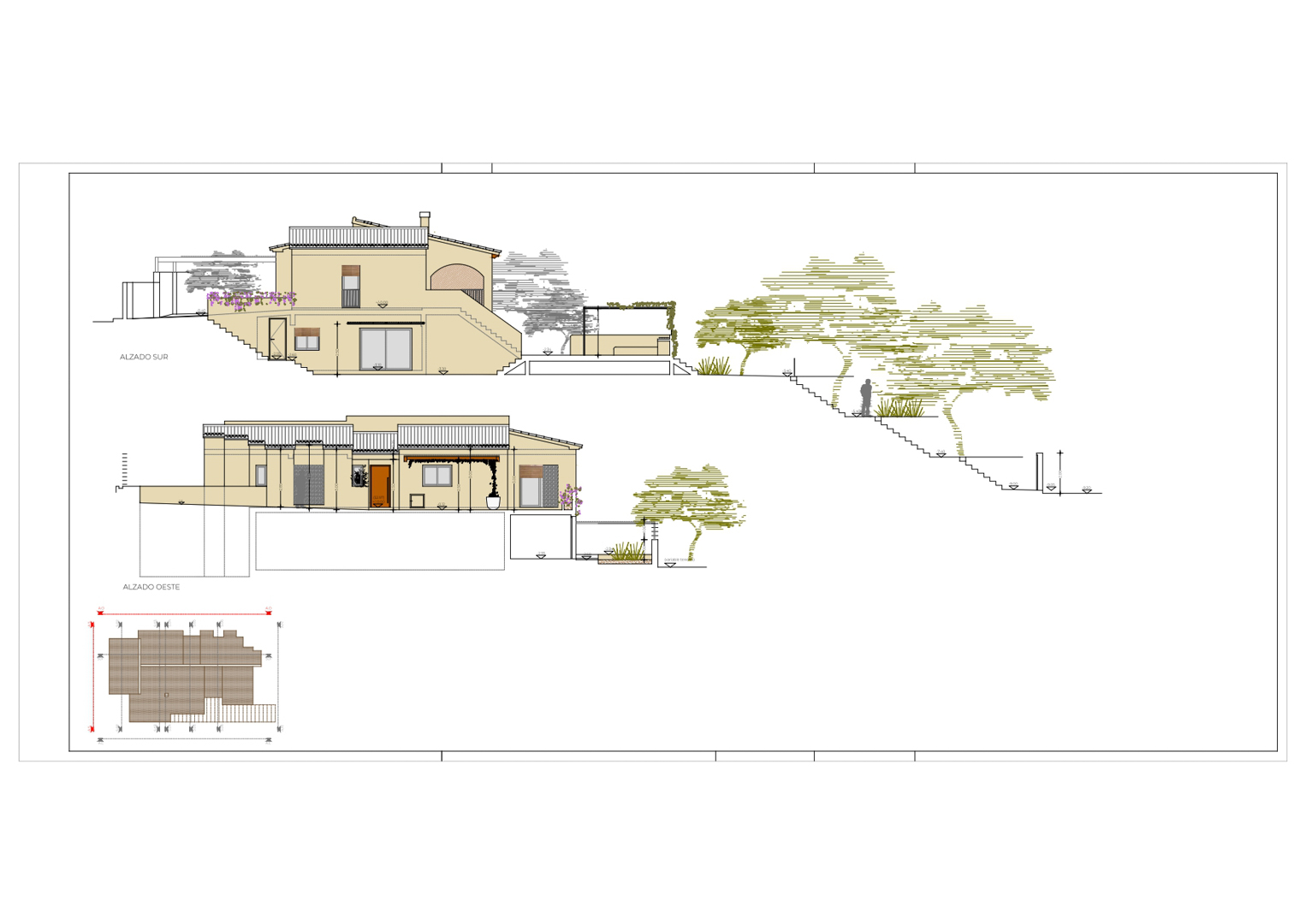 Plans techniques des élévations sud et ouest, détaillant la volumétrie de la villa, ses terrasses et son intégration dans le terrain en pente.