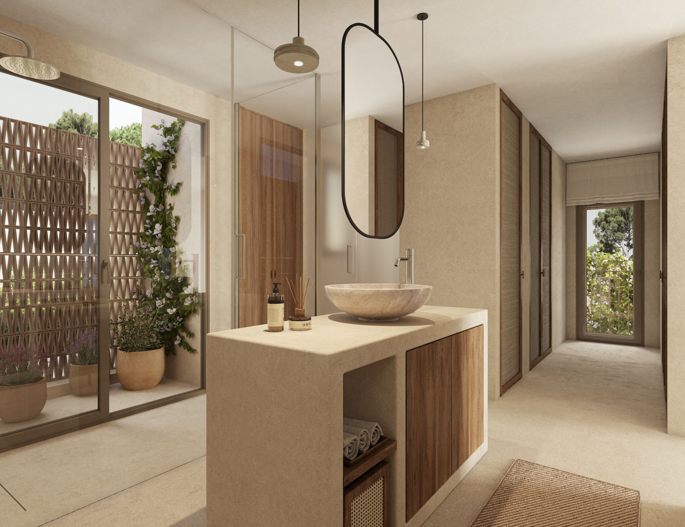 Salle de bain design avec vasque en pierre sur îlot en microciment, miroir suspendu et accès direct à une terrasse privée avec claustra décoratif et plantes.