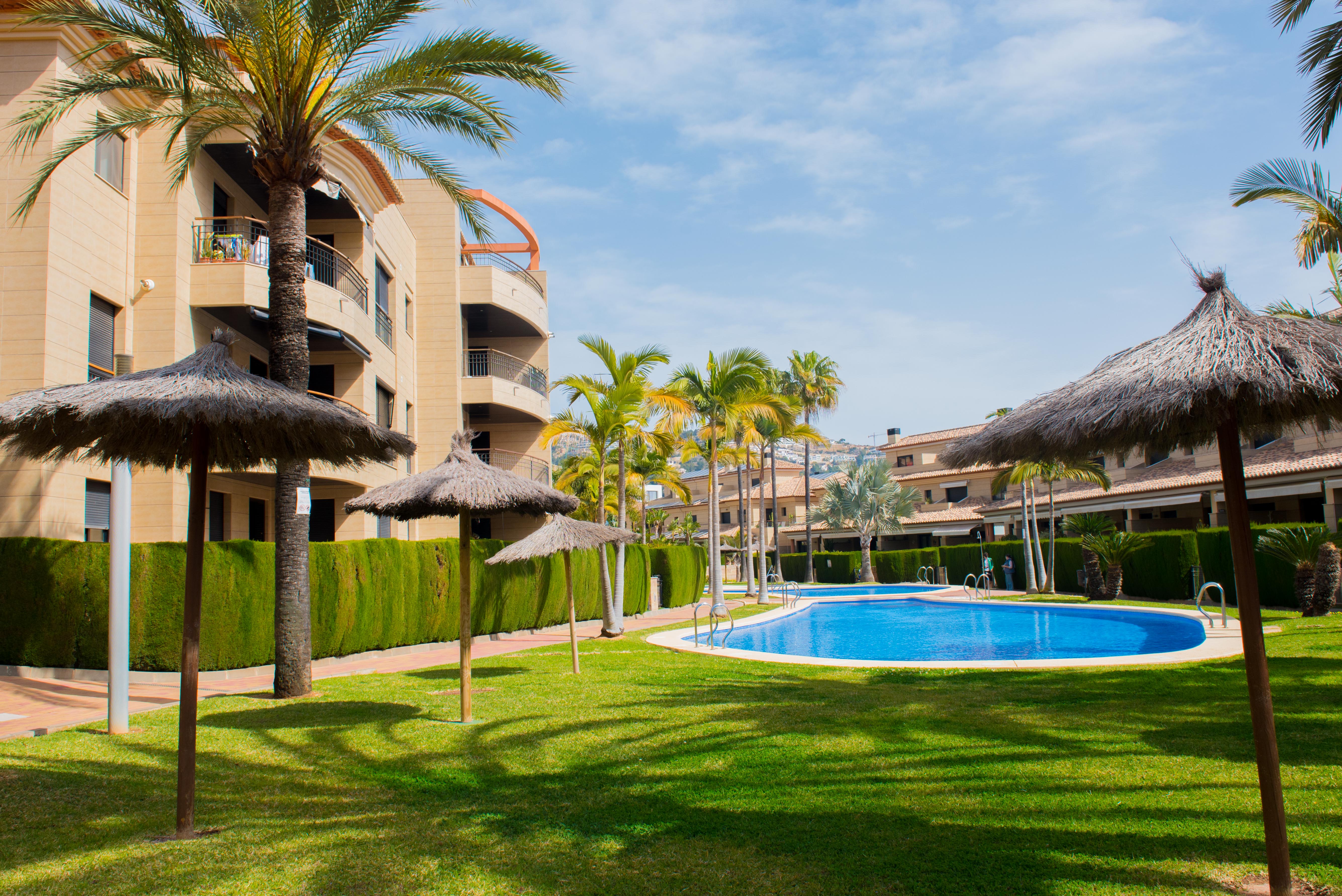 Espace communautaire avec piscine, pelouse soignée, parasols en chaume et palmiers, situé au pied des résidences modernes à Jávea.