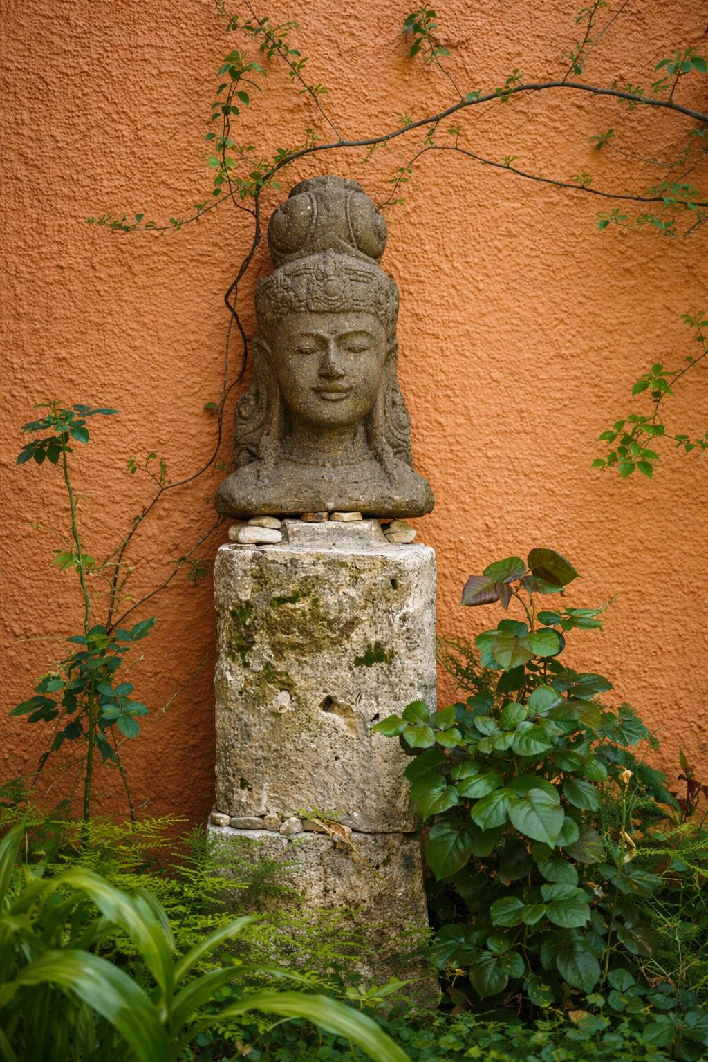 Buste décoratif en pierre sur un piédestal rustique, entouré de verdure devant un mur extérieur à la finition terracotta texturée.