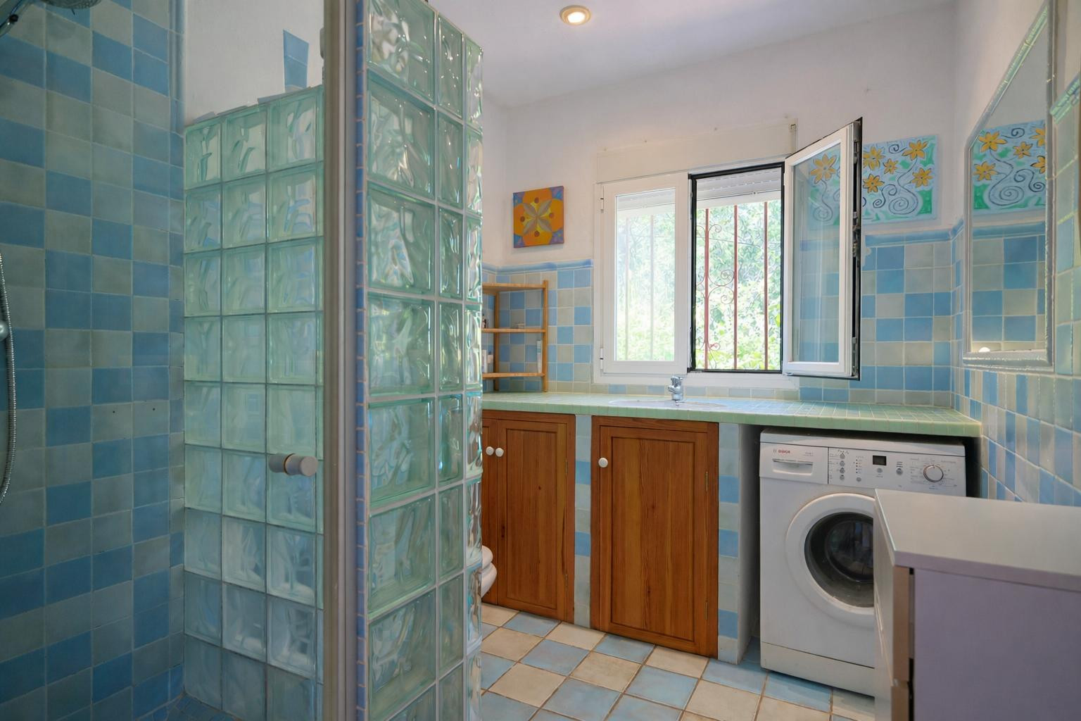 Salle de bain fonctionnelle avec coin buanderie, carrelage en damier bleu, paroi de douche en briques de verre et meubles en bois sous plan de travail.