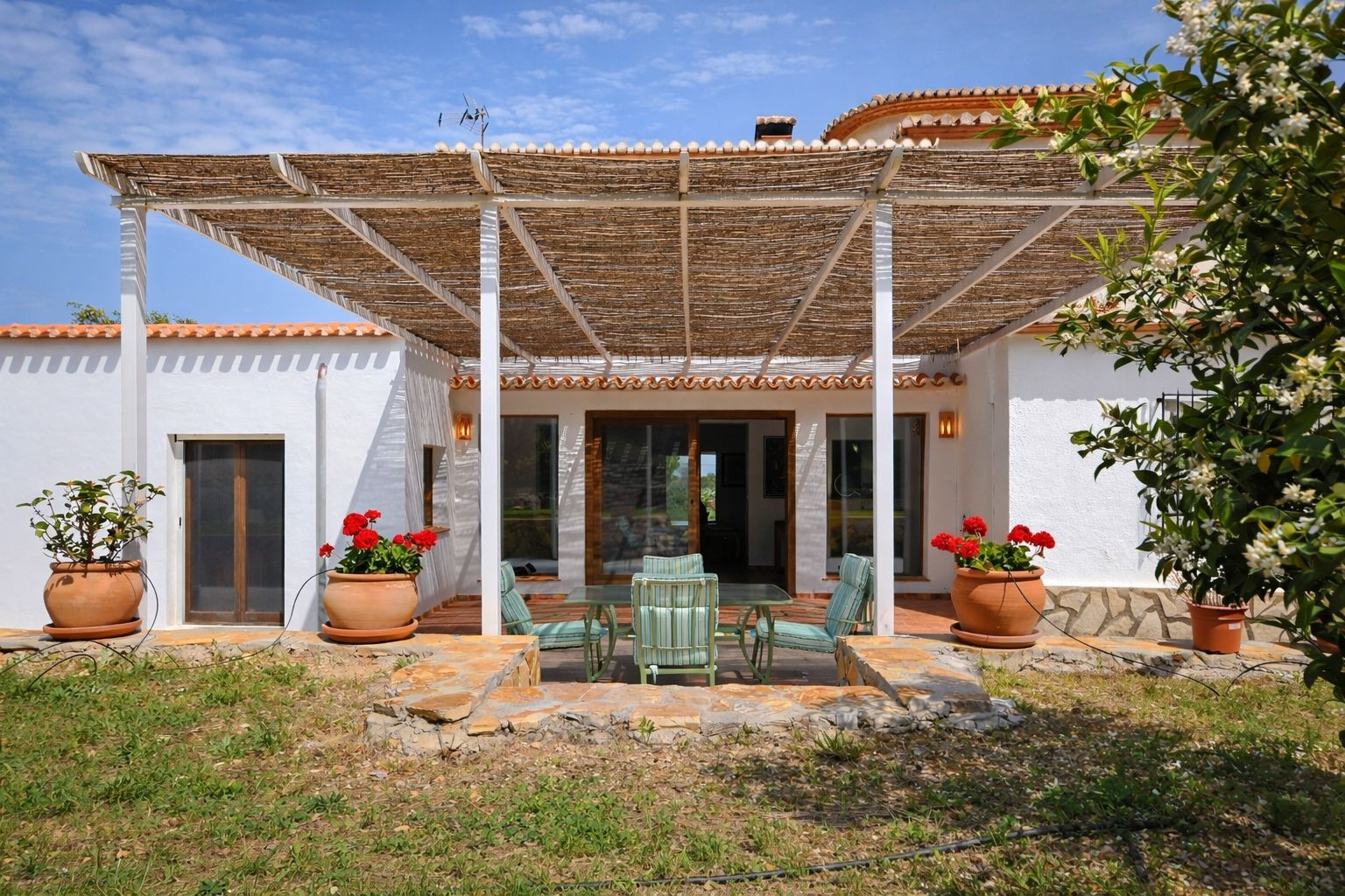 Terrasse extérieure avec pergola en canisse, mobilier de jardin et jardinières en terre cuite avec fleurs rouges devant la façade blanche.