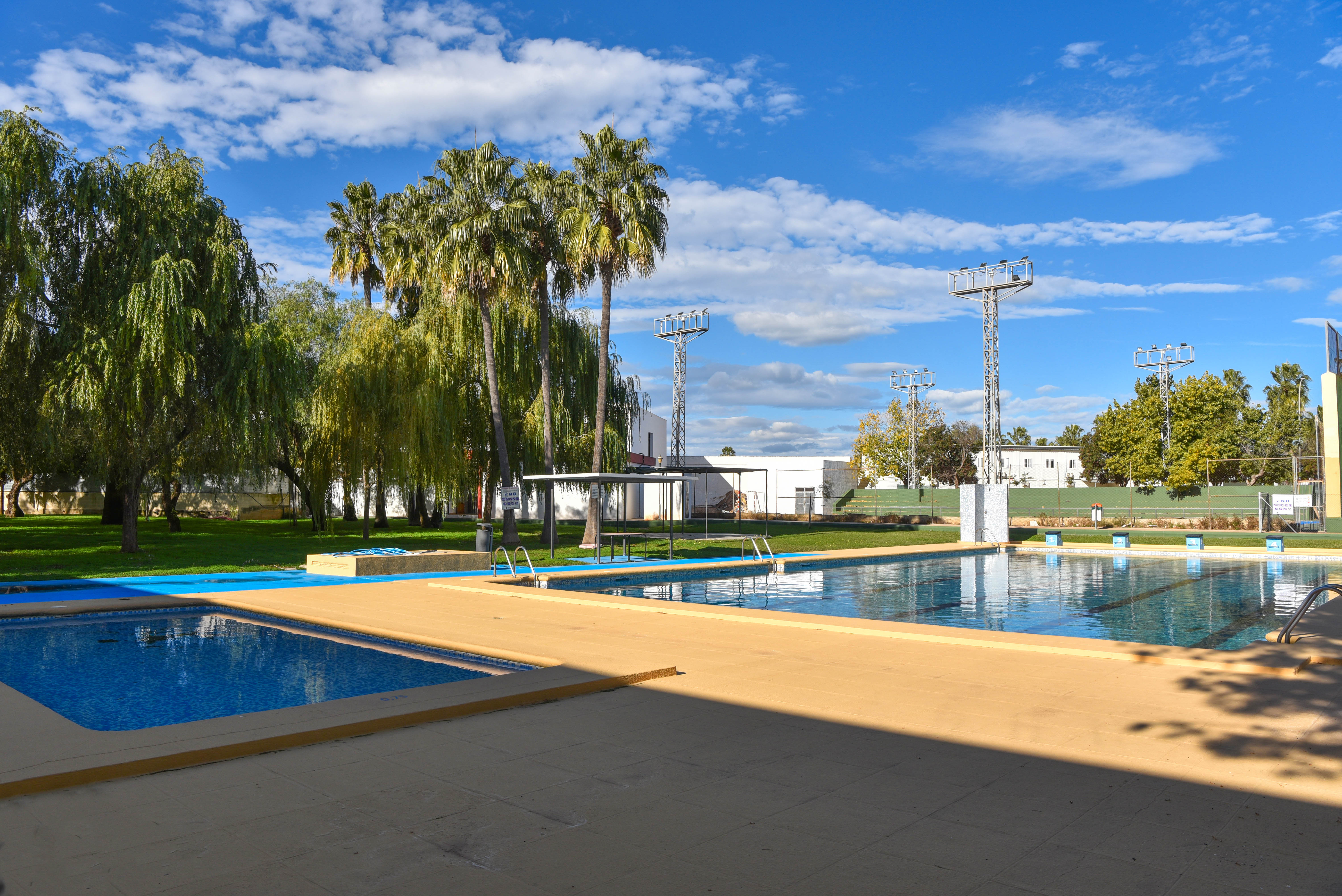 Complexe de piscine municipale comprenant un bassin principal, une pataugeoire, une terrasse ensoleillée et un jardin avec palmiers et éclairage sportif.