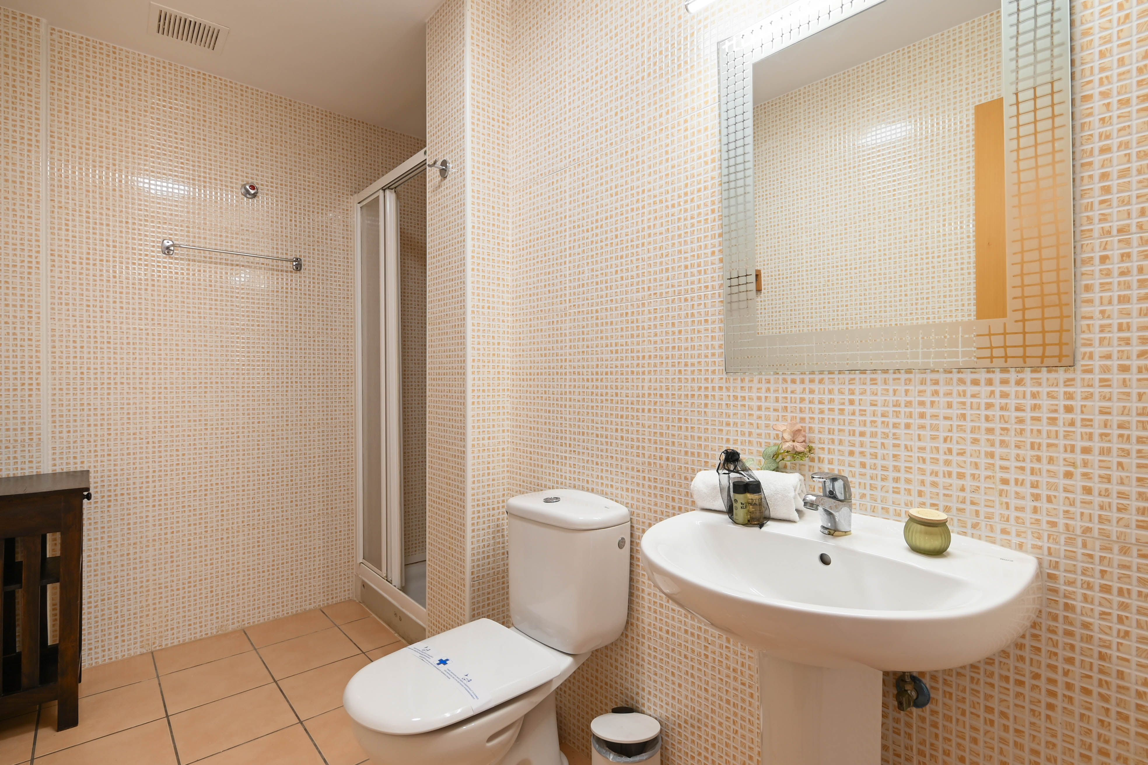 Salle de bain fonctionnelle avec murs en mosaïque beige, lavabo sur colonne blanc et douche avec porte vitrée pliante.