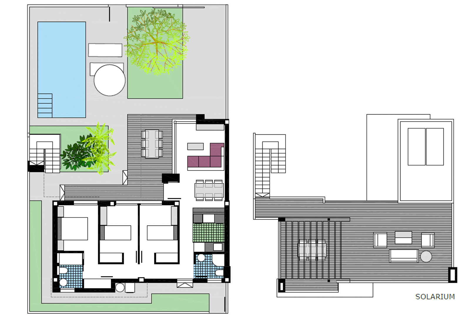 Plan d'architecte détaillé présentant la distribution des 3 chambres, le séjour ouvert et un vaste solarium en toiture avec pergola et espaces de détente.