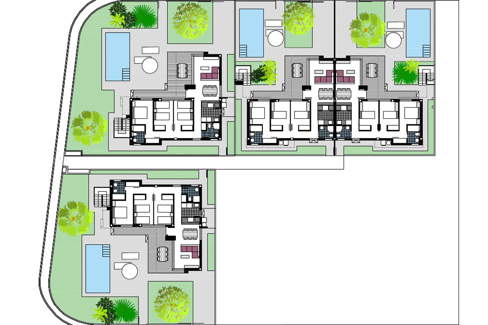 Plan de masse détaillé illustrant la disposition de quatre villas avec leurs jardins privatifs, piscines et l'agencement intérieur des espaces de vie.