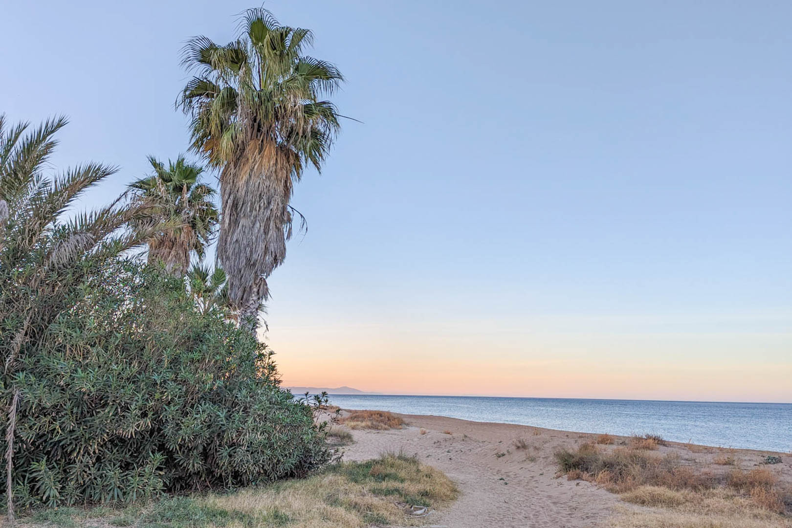 Vue de la plage à proximité avec des dunes de sable, des palmiers et une végétation méditerranéenne sous un ciel de crépuscule, à moins de deux kilomètres de la maison.