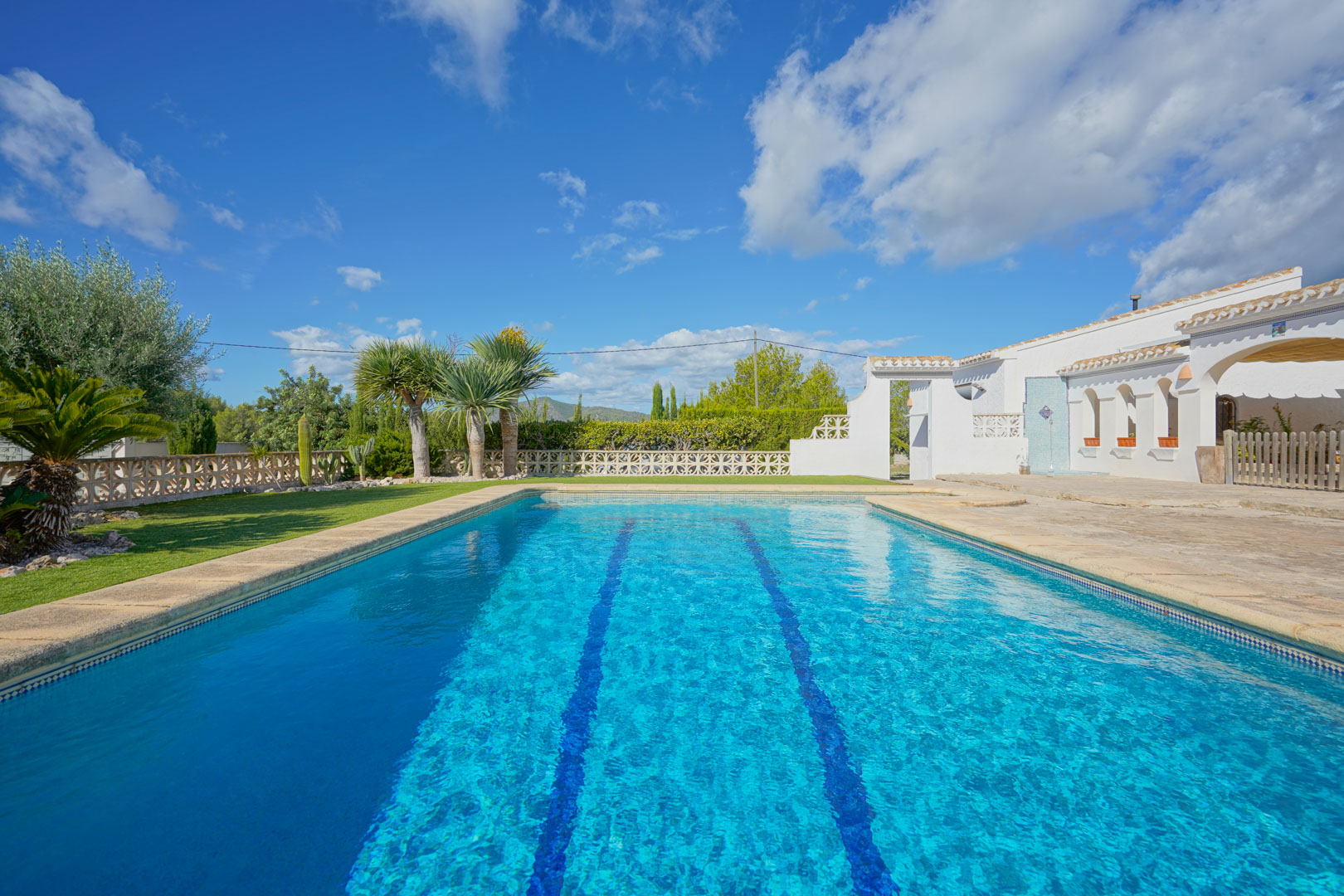 Piscine rectangulaire avec couloirs de nage, entourée d'une terrasse en pierre et d'un jardin paysager avec palmiers devant la villa blanche.