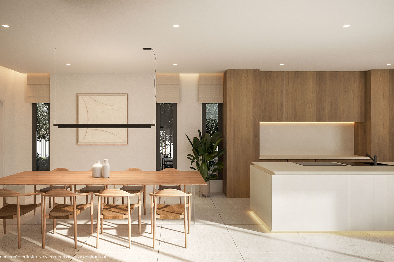 Espace salle à manger et cuisine ouverte avec table en bois naturel, chaises design et îlot blanc minimaliste. Armoires en bois et éclairage LED intégré.