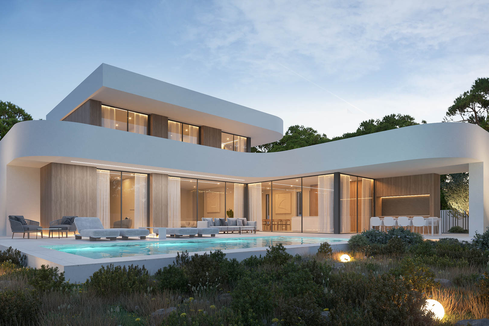 Façade extérieure moderne aux lignes courbes, finitions en bois, piscine à débordement et terrasses éclairées avec salon et salle à manger d'été.