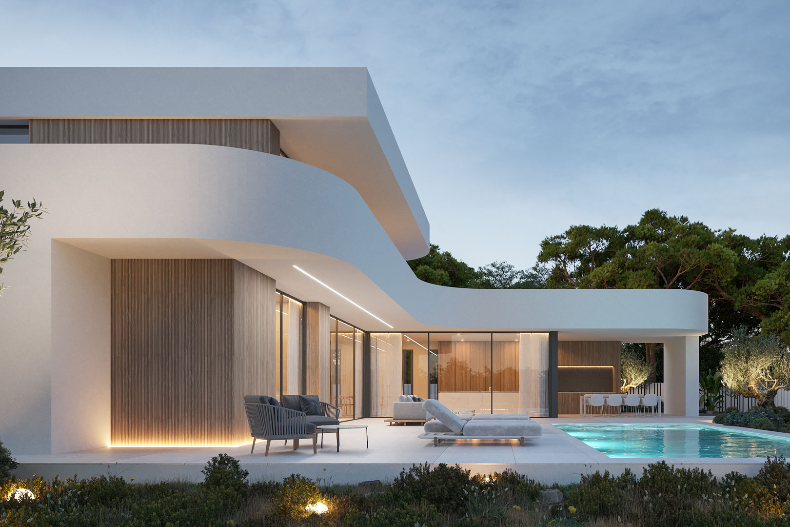 Façade moderne aux lignes courbes et bardage bois, mettant en valeur une terrasse avec piscine éclairée et de larges baies vitrées ouvrant sur les espaces de vie.