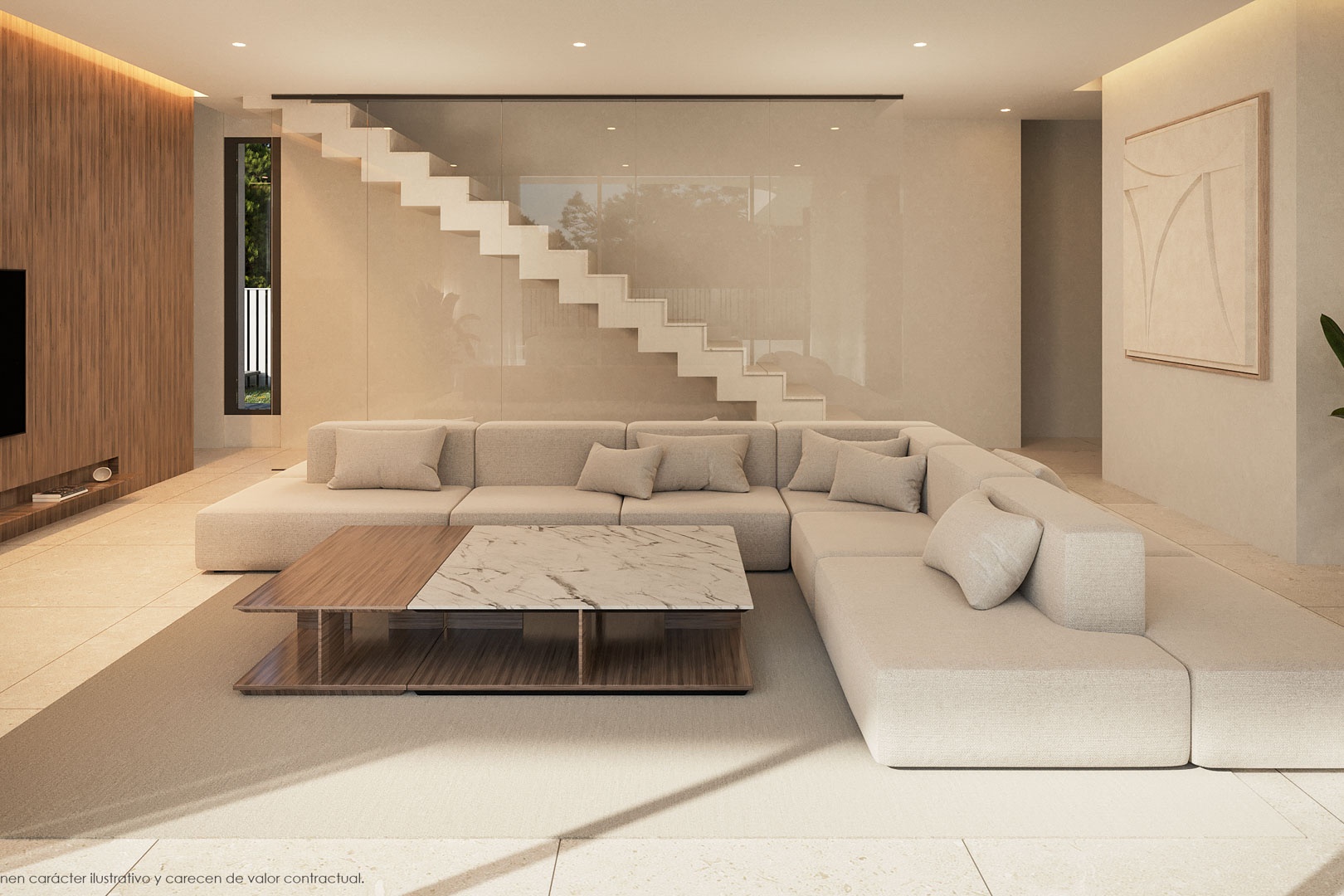 Salon design avec canapé modulaire, table basse en marbre et bois, et un escalier flottant minimaliste derrière une paroi en verre structurel.