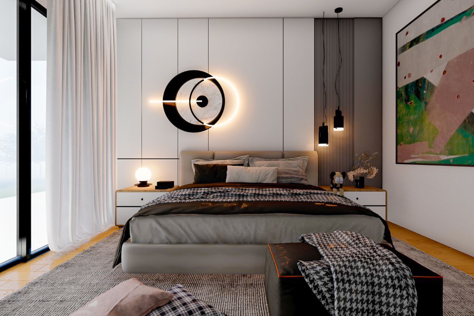 Chambre principale avec tête de lit à panneaux, suspensions et œuvre d'art abstraite.
