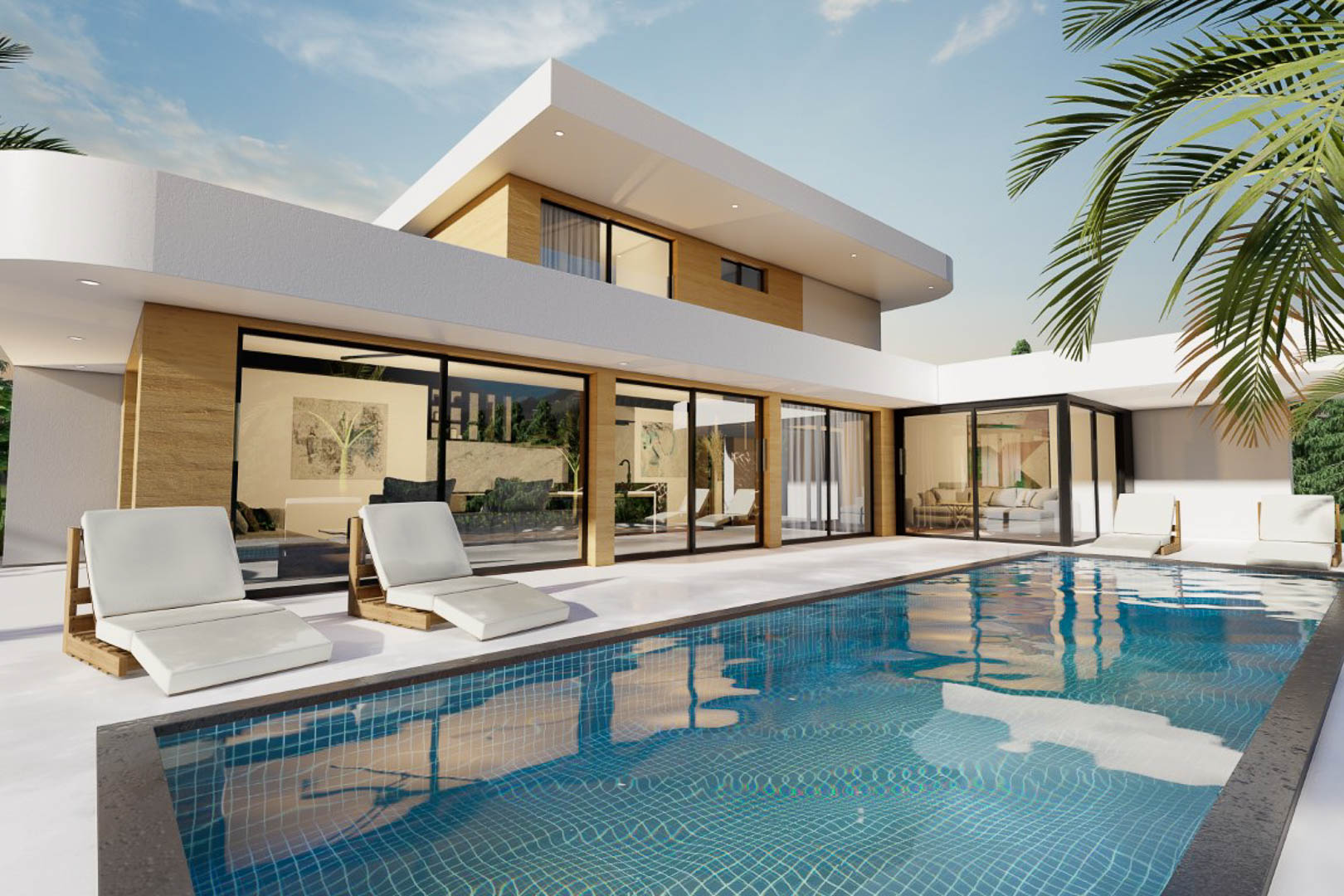 Vue de la piscine avec mosaïque bleue et chaises longues face à la villa design moderne avec de grandes fenêtres.