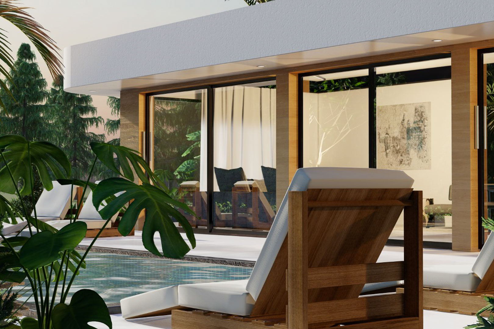 Vue de la terrasse avec chaises longues en bois et piscine. De grandes baies vitrées relient l'intérieur à l'extérieur.