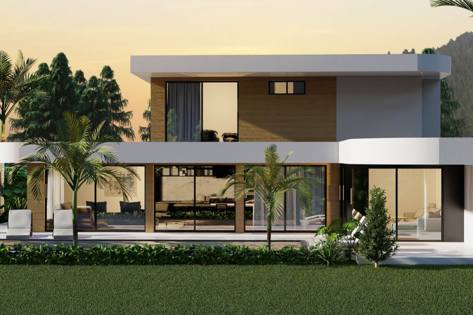 Vue extérieure de la villa moderne avec de grandes fenêtres et un jardin avec piscine.