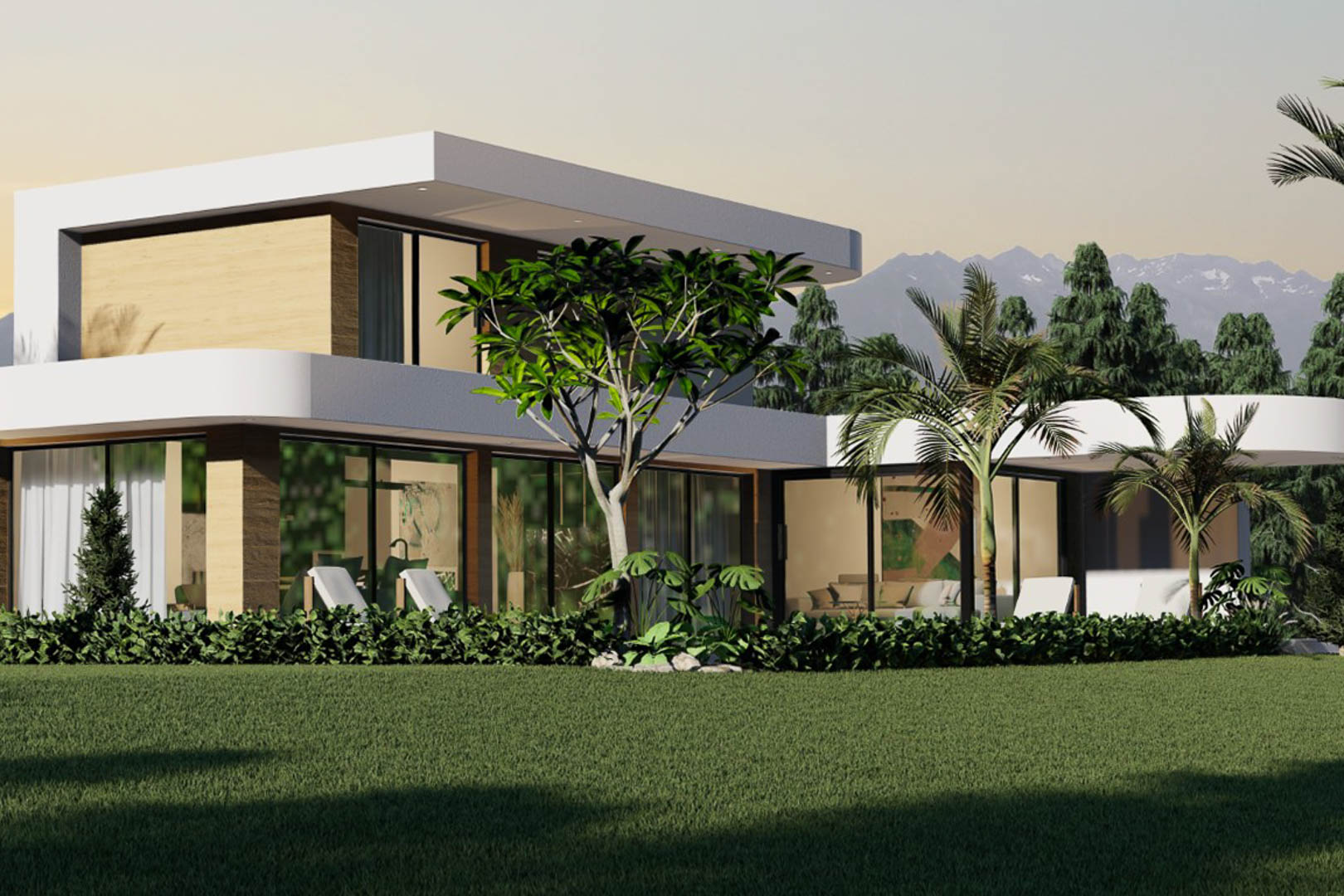 Vue extérieure de la villa moderne avec de grandes fenêtres, un jardin et une végétation luxuriante.