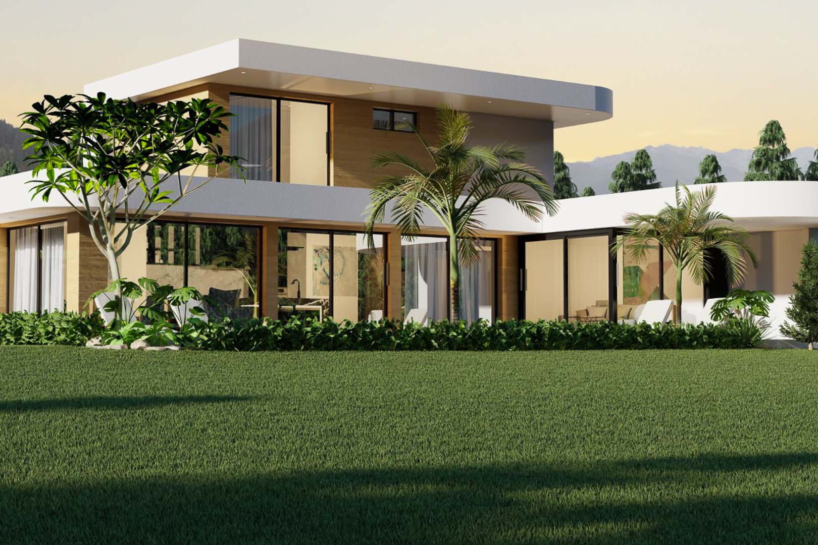 Vue extérieure de la villa moderne avec de larges baies vitrées et un jardin luxuriant.