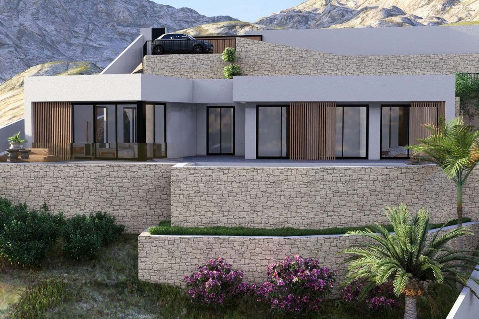 Architecture moderne avec murs en pierre sèche, persiennes en bois et grandes baies vitrées, parfaitement intégrée au relief montagneux avec parking privé.
