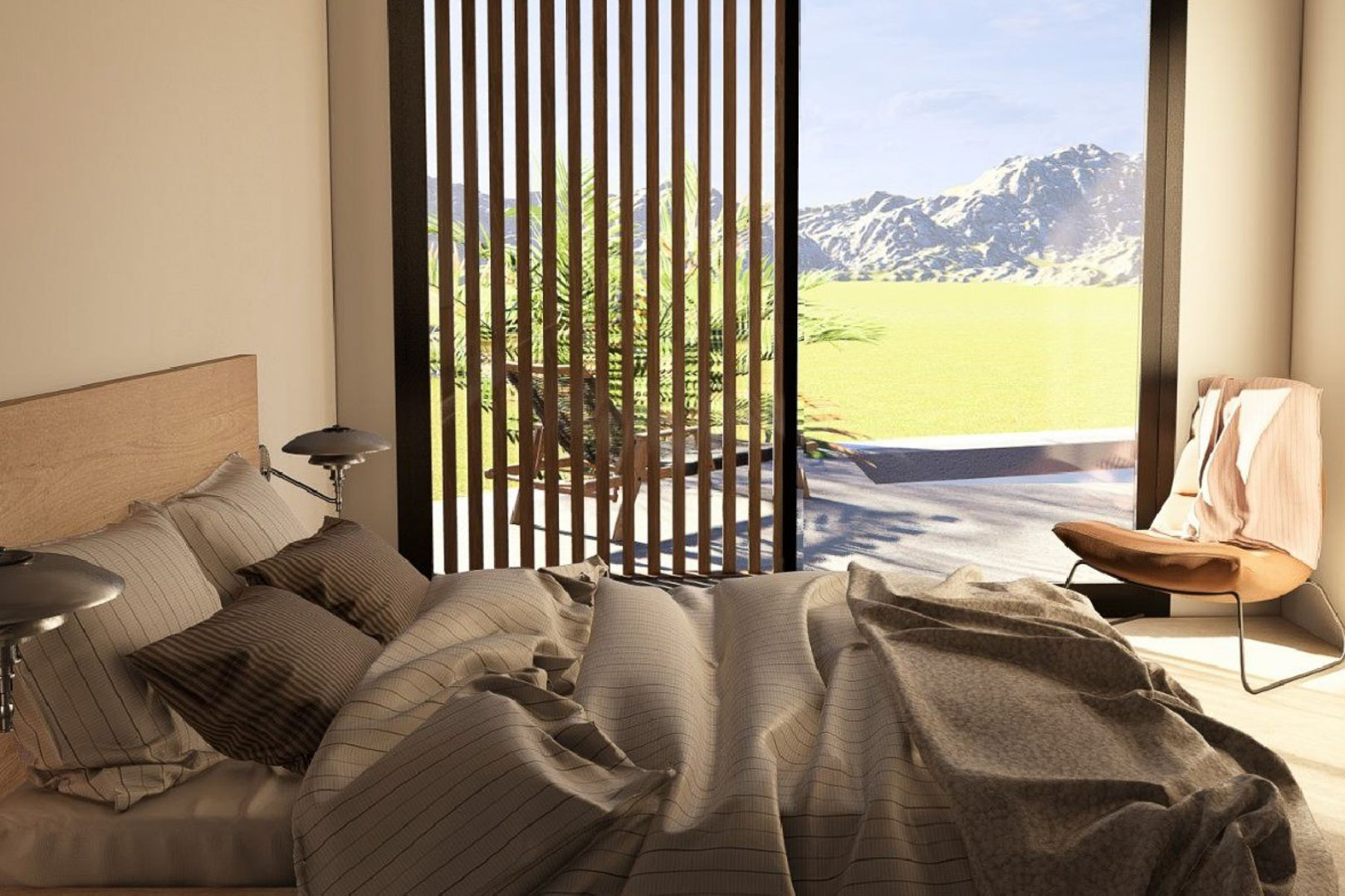 Chambre lumineuse avec accès terrasse, protégée par des lattes de bois verticales et offrant une vue dégagée sur les montagnes environnantes.