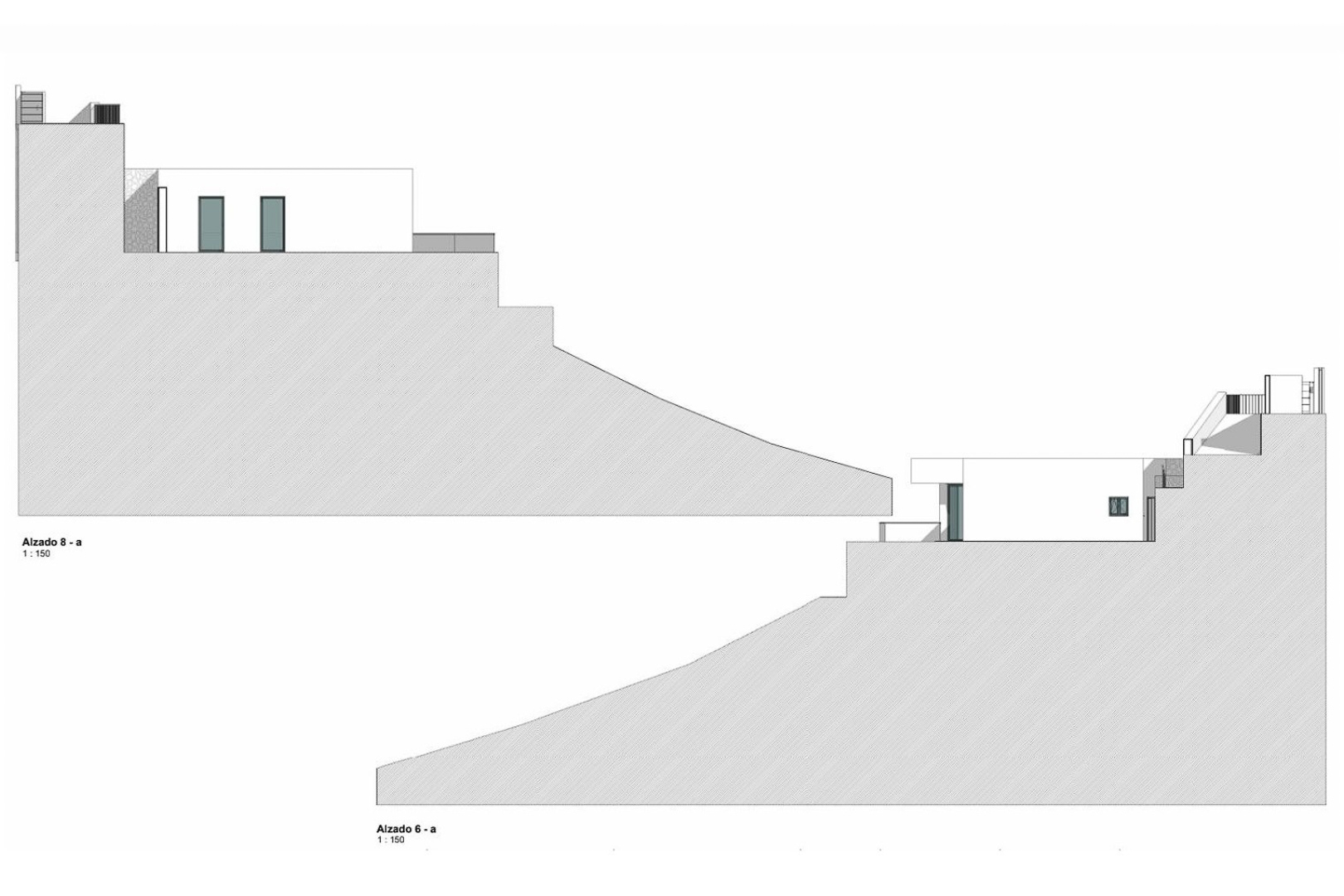 Dessins techniques en élévation montrant l'intégration architecturale de la villa moderne sur le terrain en pente à l'échelle 1:150.