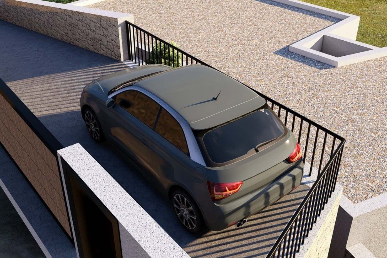 Espace de stationnement privé avec revêtement en béton, sécurisé par un garde-corps métallique noir et bordé de murs en pierre.