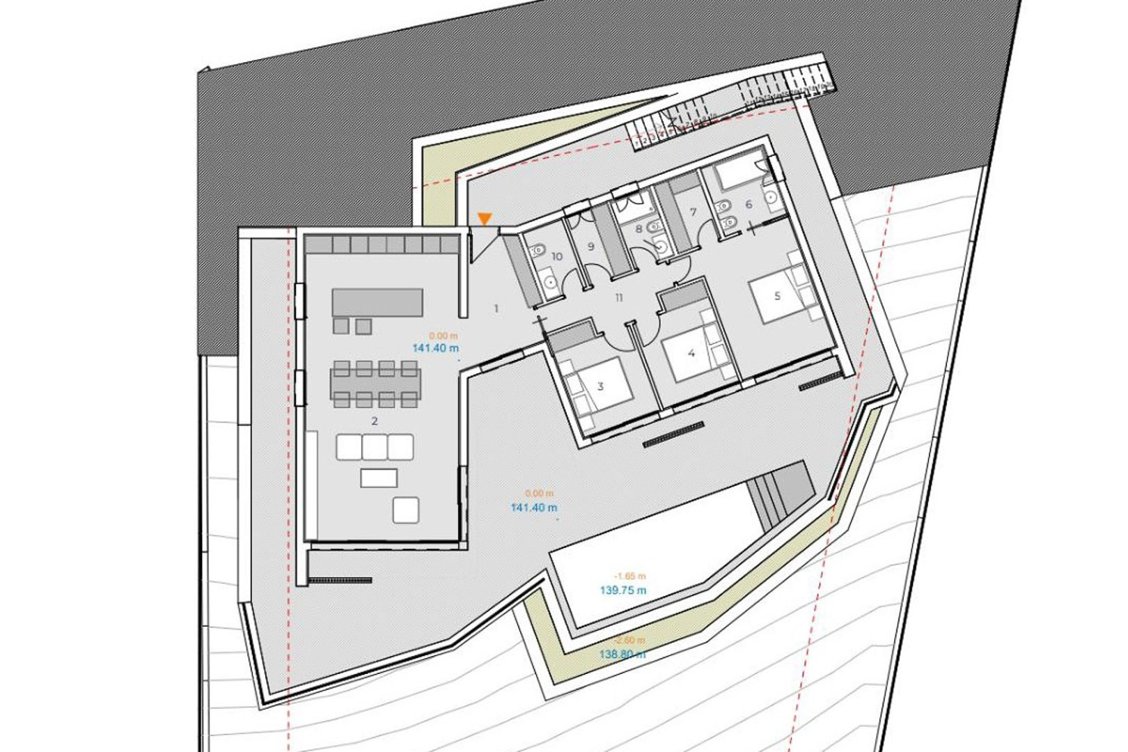 Plan d'architecte détaillé présentant l'espace de vie ouvert, trois chambres, deux salles de bains et la grande terrasse extérieure avec piscine intégrée.